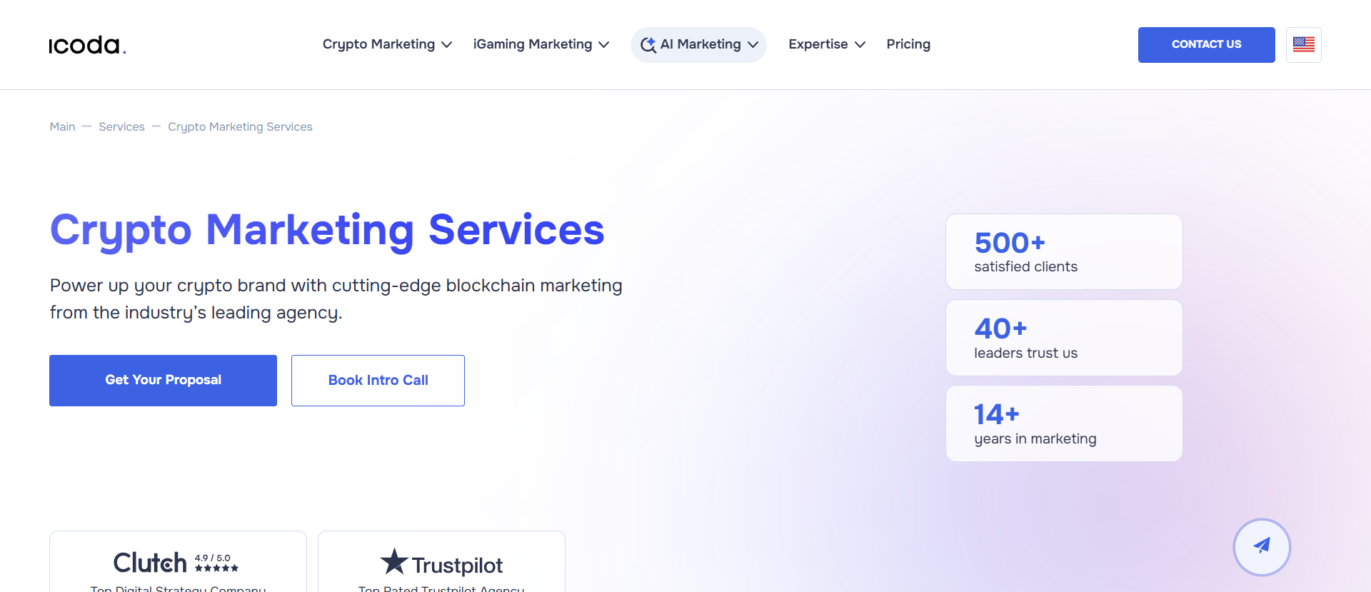 ICODA crypto marketing services page showing 500+ satisfied clients, Clutch and Trustpilot ratings, and full-funnel blockchain marketing offering.