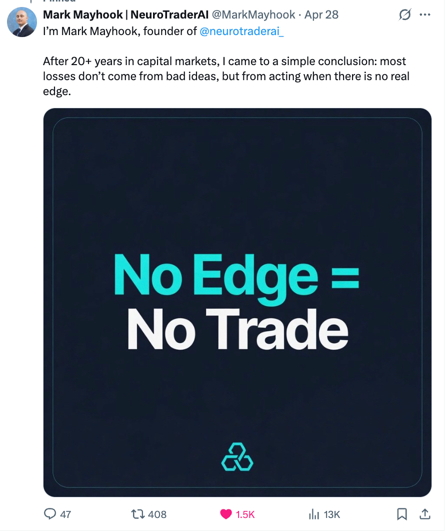 Mark Mayhook NeuroTraderAI launch tweet No Edge No Trade with 13,000 impressions, 1,500 likes, and 408 reposts — organic personal brand growth trading niche.