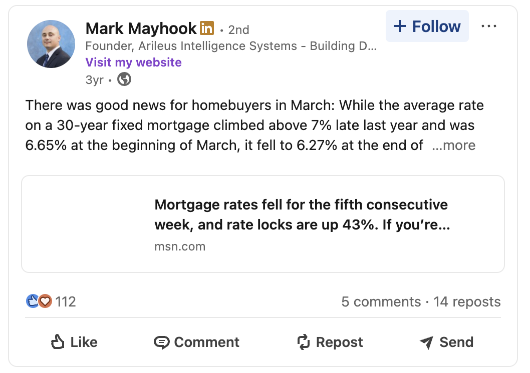 Mark Mayhook LinkedIn post with 112 reactions and 14 reposts — personal brand content strategy for trading educator.