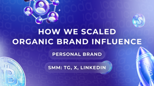 Blue-purple gradient cover featuring text 'HOW WE SCALED ORGANIC BRAND INFLUENCE' and badges 'PERSONAL BRAND', 'SMM: TG, X, LINKEDIN'. Surrounded by 3D user network icons, crypto coins, and a launching rocket.