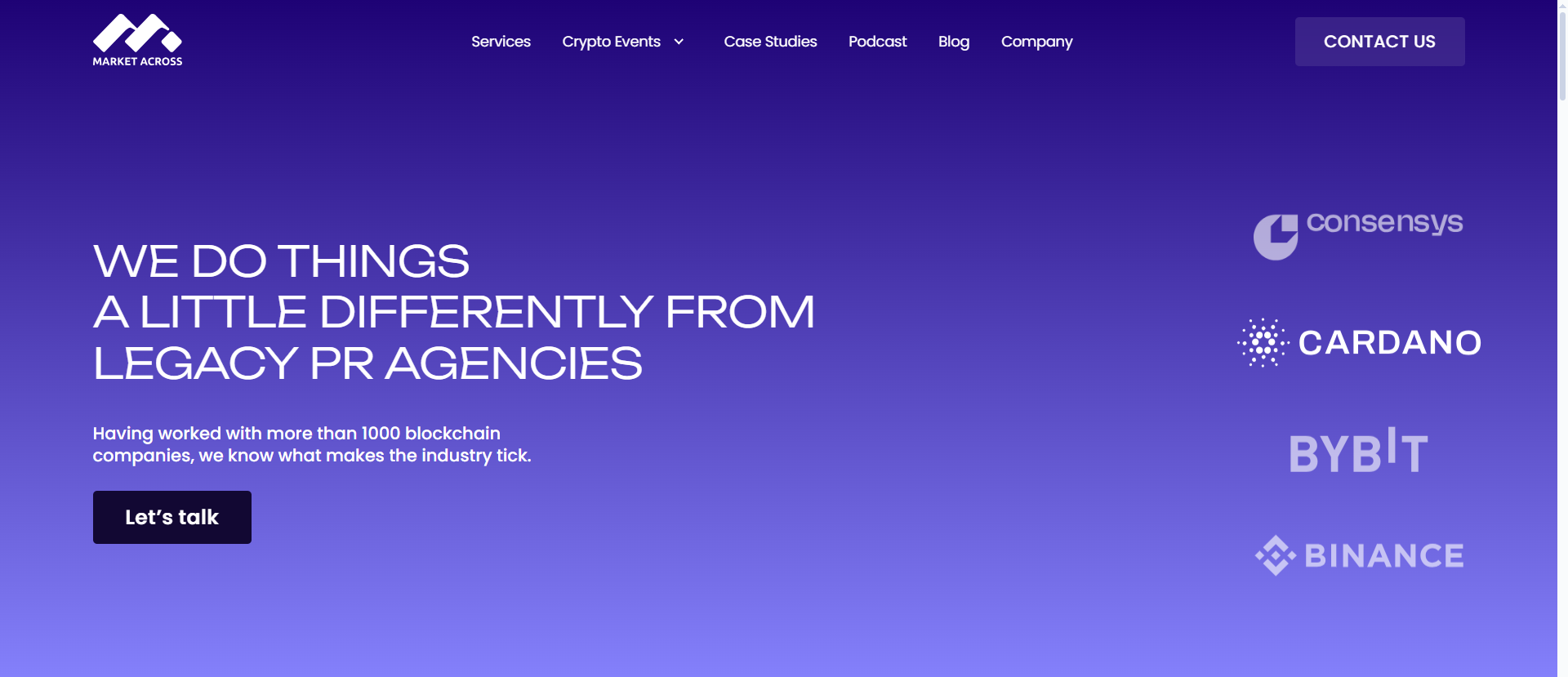 MarketAcross blockchain PR agency homepage showing Consensys, Cardano, Bybit, and Binance client logos, highlighting 1,000+ blockchain companies served.