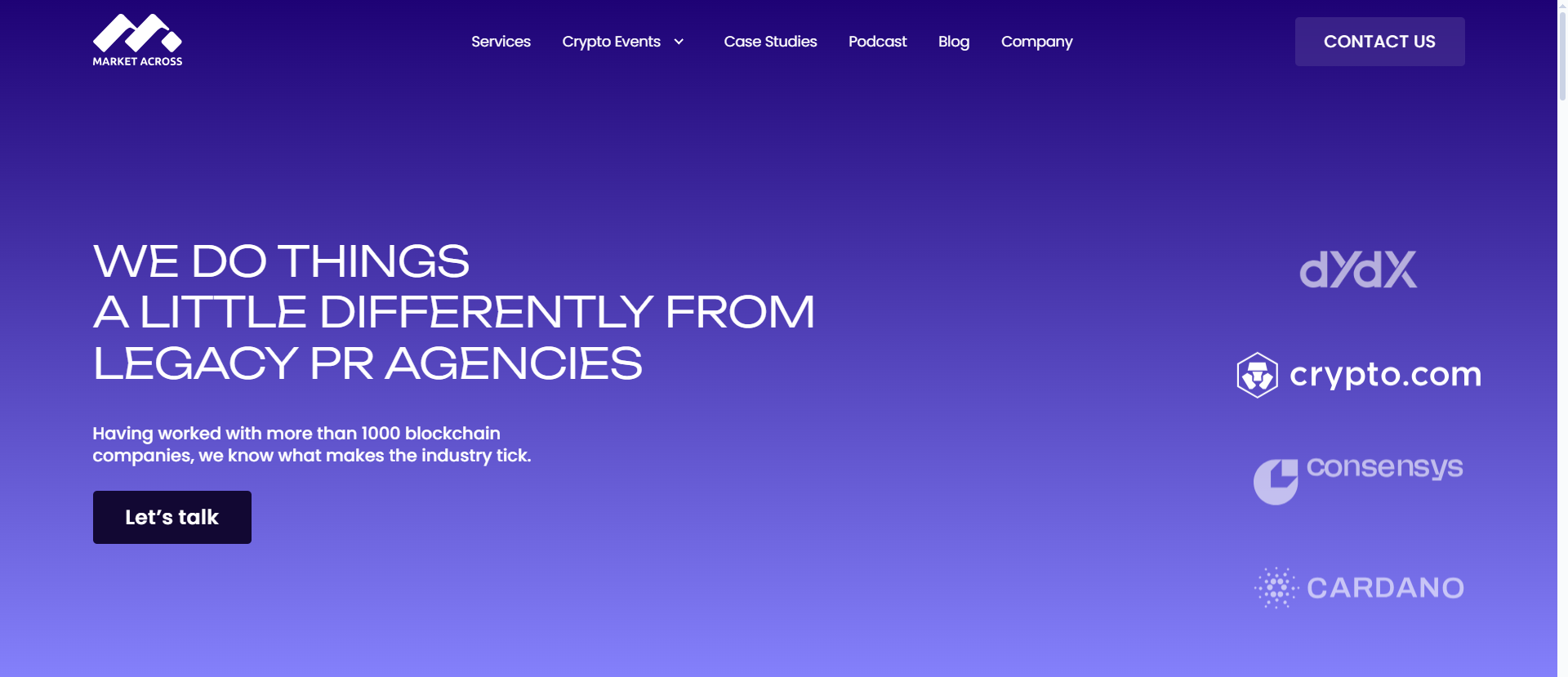 MarketAcross blockchain PR agency services page featuring client logos dYdX, Crypto.com, Consensys and Cardano on purple gradient background.
