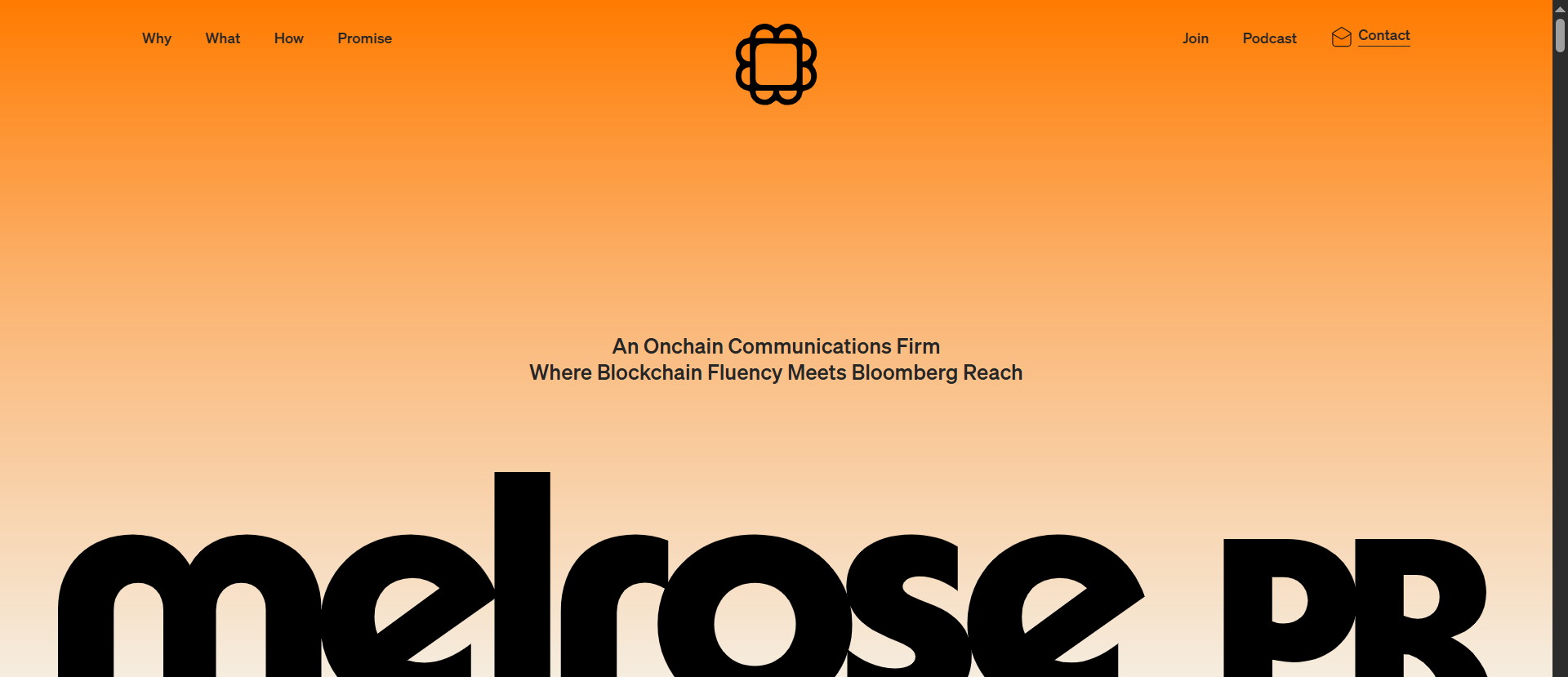 Melrose PR onchain communications agency homepage with orange gradient design and tagline "Where Blockchain Fluency Meets Bloomberg Reach".