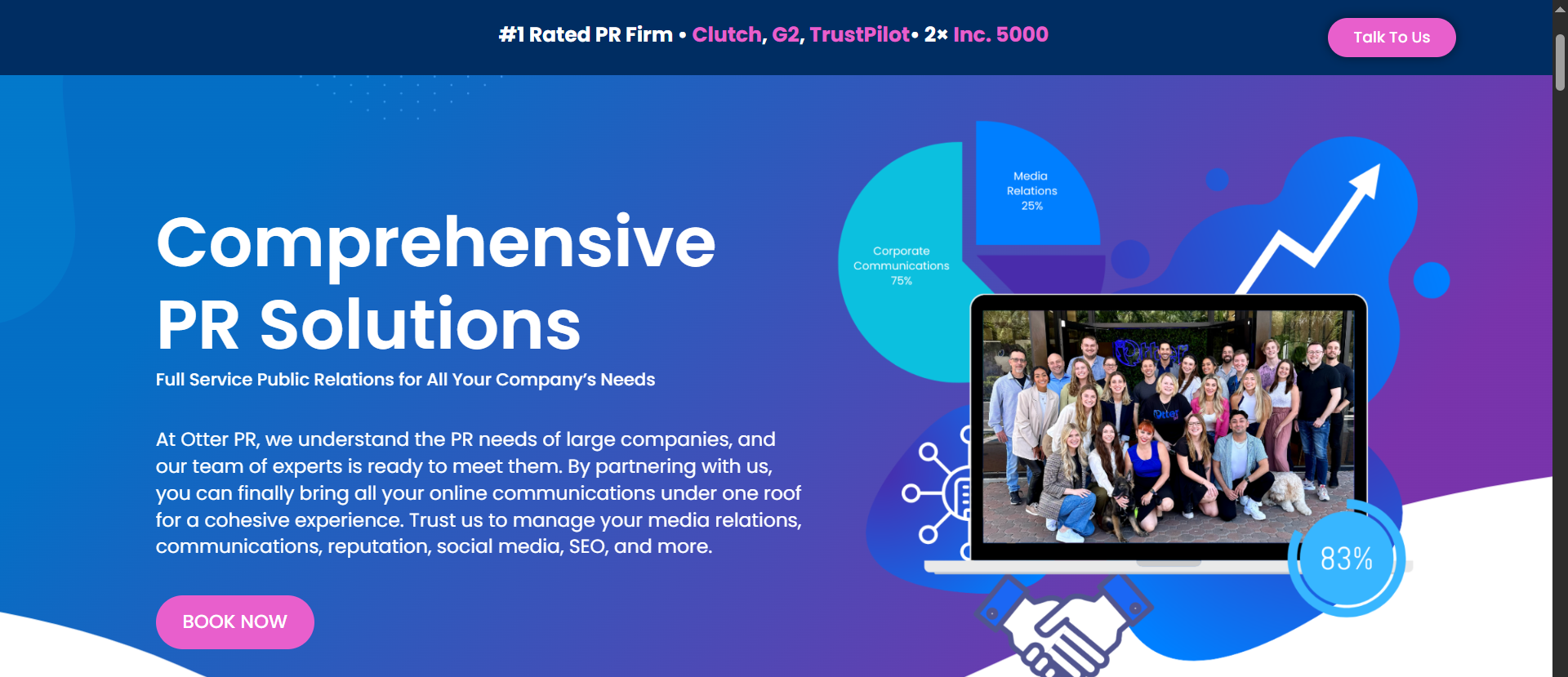 Otter PR full-service blockchain public relations firm homepage showing #1 ratings on Clutch, G2, and TrustPilot plus 2× Inc. 5000 recognition.
