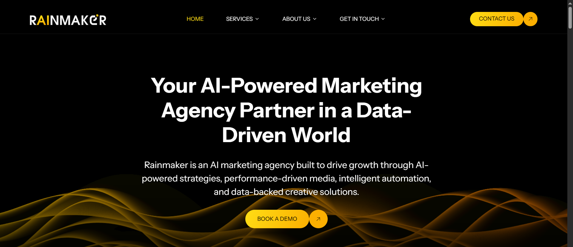 Rainmaker homepage — AI-powered marketing agency offering performance-driven media and data-backed growth strategies.