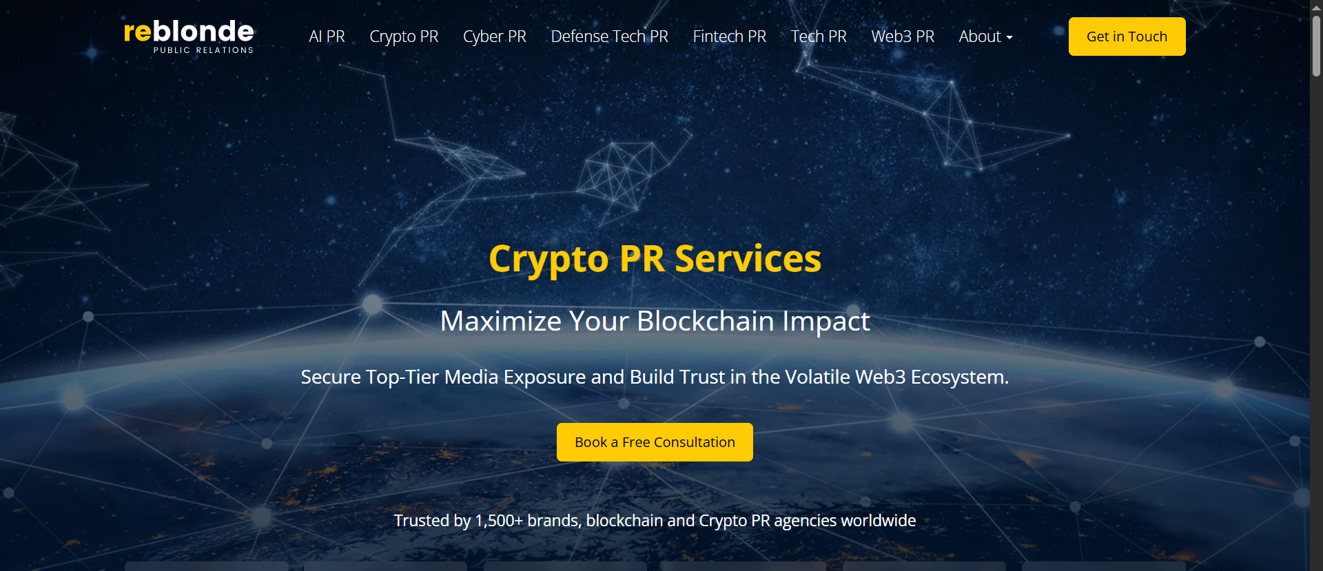 ReBlonde crypto PR services page showing "Maximize Your Blockchain Impact" headline, Web3 global network visualization, and 1,500+ blockchain brands trust indicator.