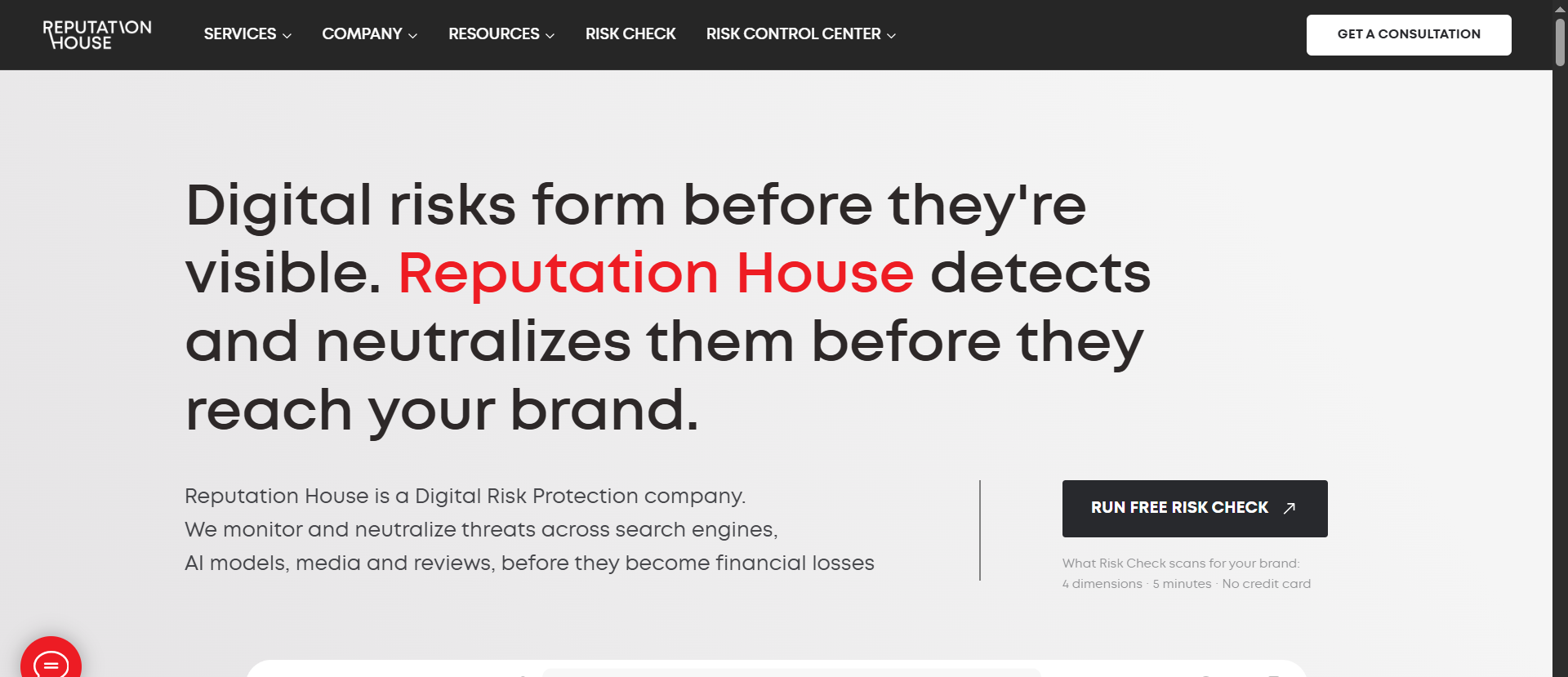 Reputation House digital risk protection agency homepage — monitors and neutralizes brand threats across search engines, AI models, and review platforms before they cause financial damage.