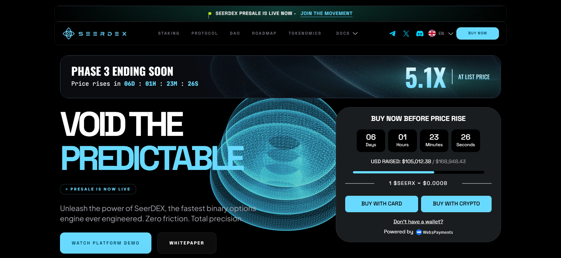 Homepage del sito web di SeerDEX che mostra il timer per il conto alla rovescia dell'attuale fase di prevendita, i pulsanti “acquista con carta o cripto” e il testo hero “Void the Predictable” su sfondo scuro.