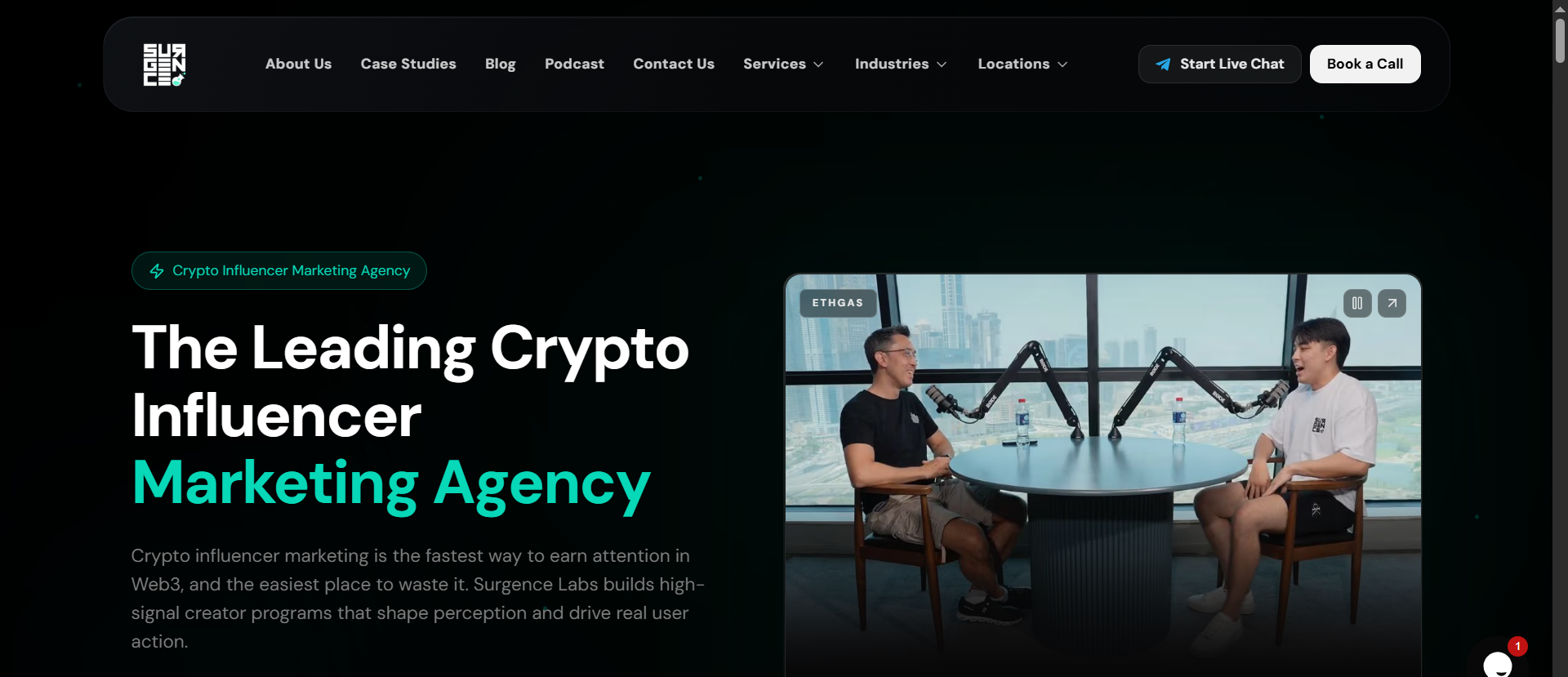 Surgence Labs crypto influencer marketing agency service page with team interview visual and Web3 KOL campaign positioning headline.