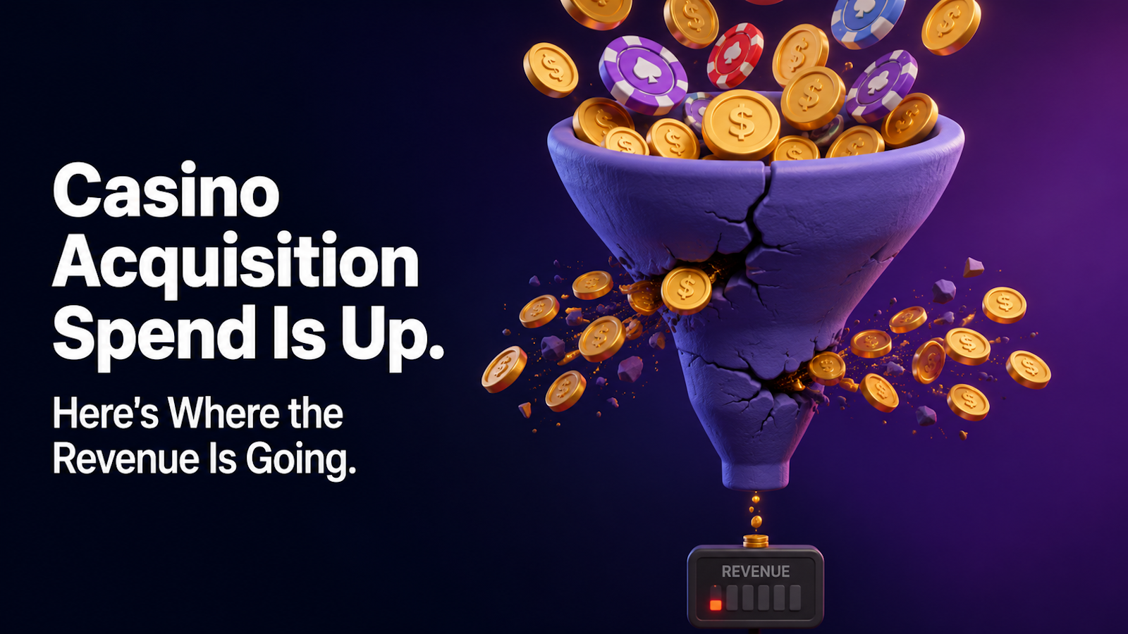 A cracked casino acquisition funnel leaking gold coins and chips, with a near-empty revenue meter at the bottom.