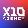 X10 Agency crypto marketing logo with bold white lettering on red-to-purple gradient background.