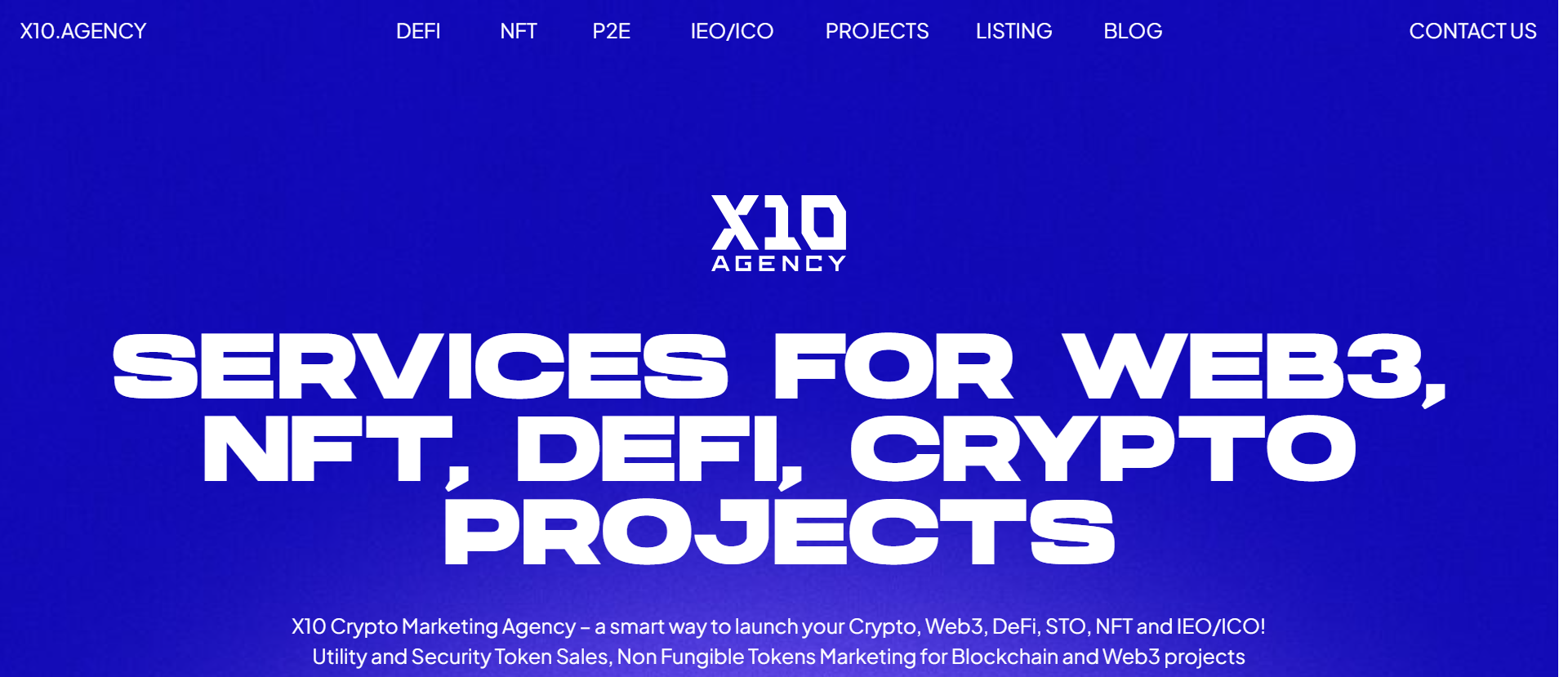 X10 Agency homepage offering crypto marketing services for Web3, NFT, DeFi, IEO/ICO and token projects on a bold blue background.