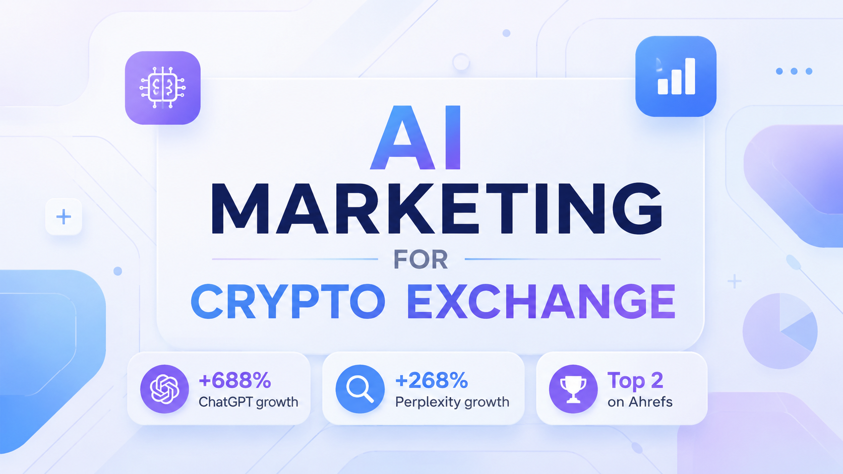 AI marketing strategies for crypto exchanges, illustrated with growth metrics from ChatGPT and Perplexity search visibility and a top Ahrefs ranking in a modern blue-purple tech design.
