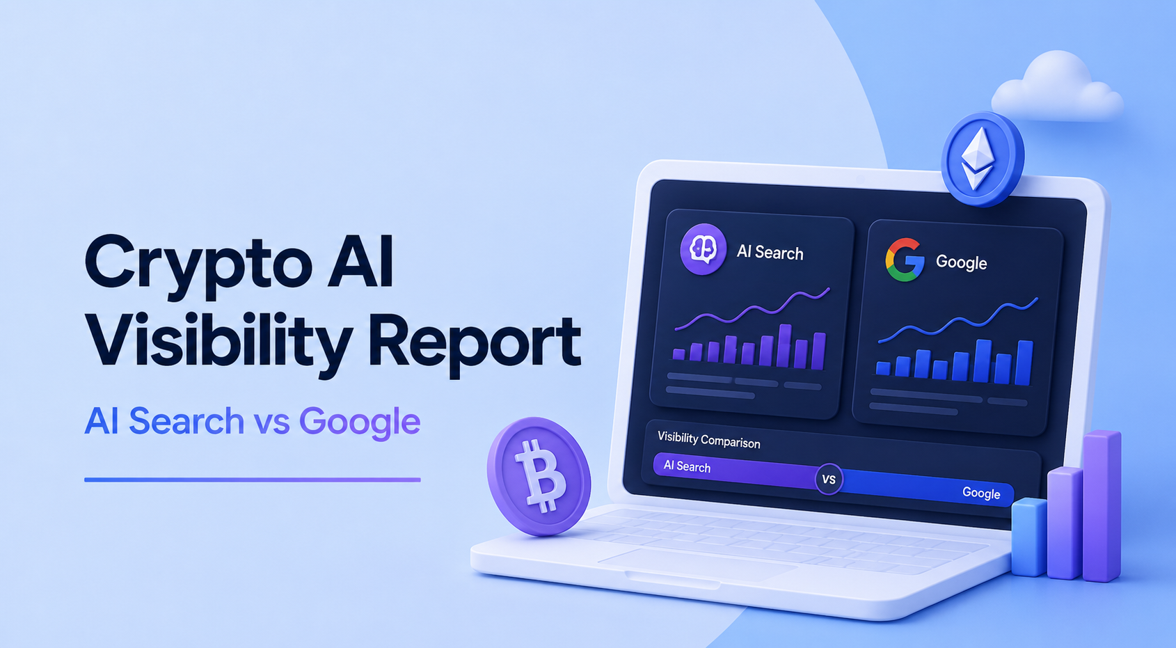 Crypto AI Visibility Report cover featuring a 3D laptop dashboard comparing AI Search and Google, with crypto icons, charts, and blue-purple visuals.