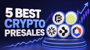 Five best crypto presales June 2026 — CAP, Kai, STRATO, BitFi and ReFi Hub token logos on a 3D podium with a rising market chart.