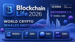 Promotional banner for Blockchain Life 2026 in Dubai, UAE, featuring event dates (December 1–2), crypto conference branding, attendee and speaker statistics, and an ICODA best promo code badge.