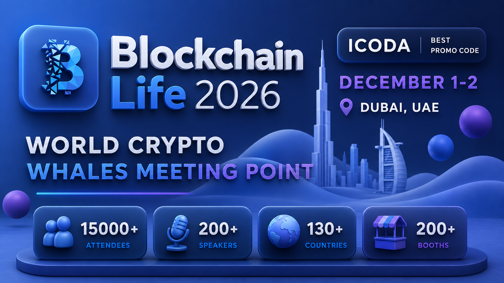 Promotional banner for Blockchain Life 2026 in Dubai, UAE, featuring event dates (December 1–2), crypto conference branding, attendee and speaker statistics, and an ICODA best promo code badge.