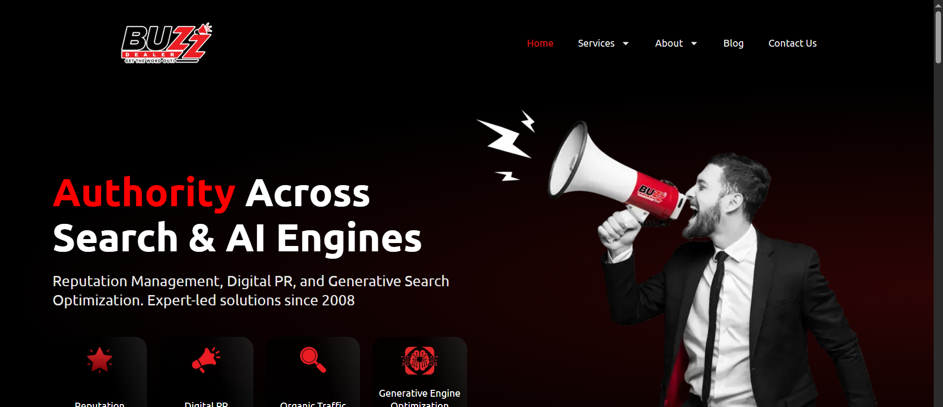 Buzz Dealer homepage with headline "Authority Across Search & AI Engines" — online reputation management, digital PR, and generative engine optimization agency operating since 2008.