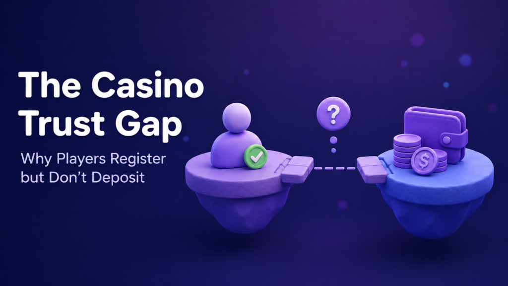 The Casino Trust Gap: a 3D illustration of a registered player with a green checkmark on one platform and a wallet with coins and a dollar sign on another, separated by a gap with a question mark, showing the trust gap between registration and first deposit.