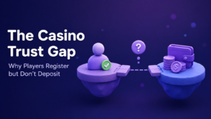 The Casino Trust Gap: a 3D illustration of a registered player with a green checkmark on one platform and a wallet with coins and a dollar sign on another, separated by a gap with a question mark, showing the trust gap between registration and first deposit.