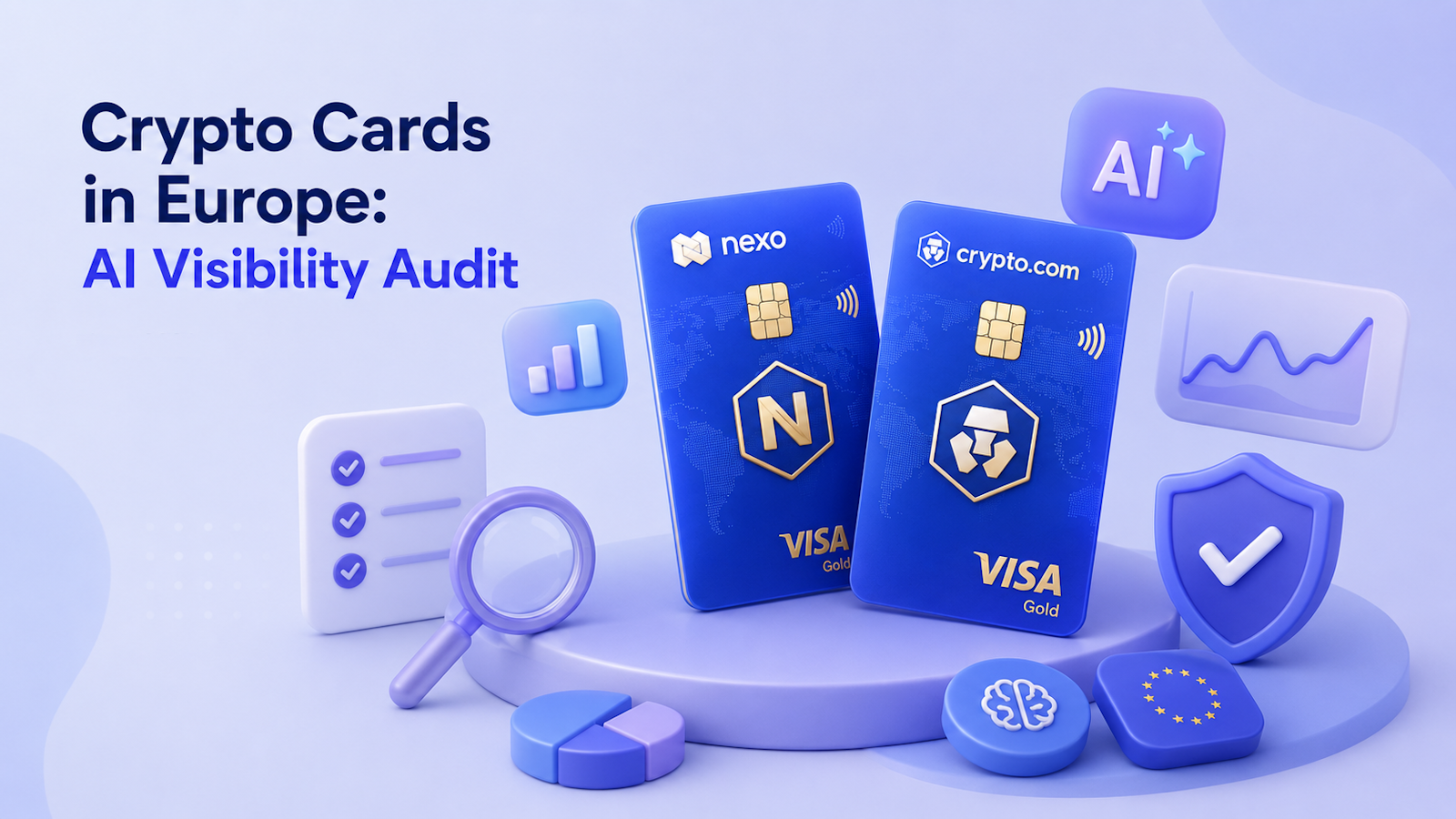 AI visibility audit of crypto cards in Europe: Nexo and Crypto.com glow as the two cards Claude consistently recommends; 10 of 16 EU-available cards remain invisible to AI — June 2026.