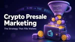 Cover illustration for a crypto presale marketing strategy guide, showing a 3D funnel labeled 