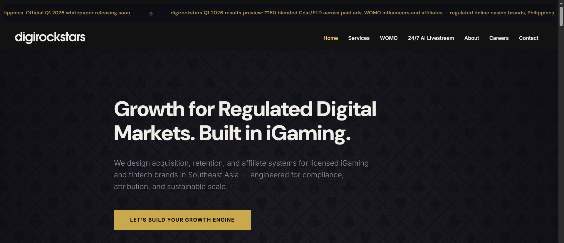 Digirockstars homepage — iGaming acquisition agency for regulated Southeast Asian markets, showing Q1 2026 blended Cost/FTD of ₱180 across paid ads and affiliates.