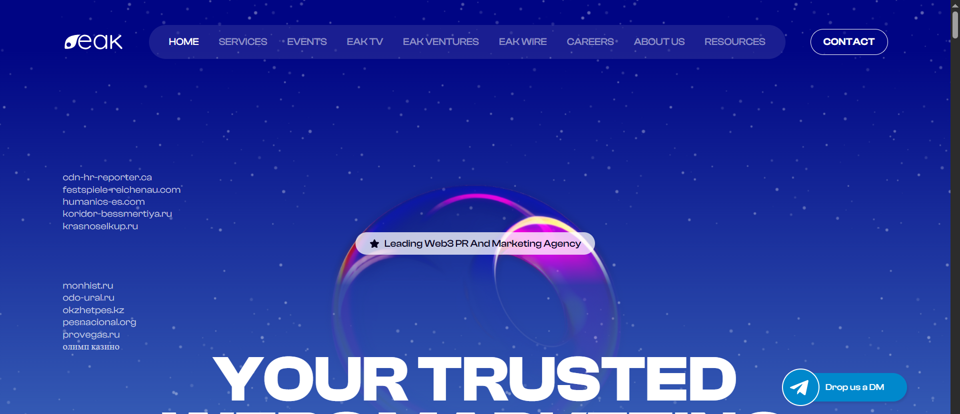 EAK Digital "Leading Web3 PR And Marketing Agency" homepage with holographic sphere graphic, media outlet logos, and navigation to services, events, and EAK Ventures.