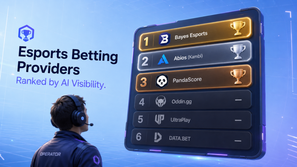 Таблица лидеров видимости для ИИ среди поставщиков ставок на киберспорт: Bayes Esports №1 (98,7), Abios (Kambi) №2 (95,2), PandaScore №3 (92,1), за ними следуют Oddin.gg и UltraPlay без оценок. Аудит ICODA, апрель 2026 года. 