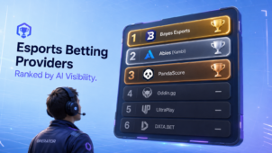 Таблица лидеров видимости для ИИ среди поставщиков ставок на киберспорт: Bayes Esports №1 (98,7), Abios (Kambi) №2 (95,2), PandaScore №3 (92,1), за ними следуют Oddin.gg и UltraPlay без оценок. Аудит ICODA, апрель 2026 года. 