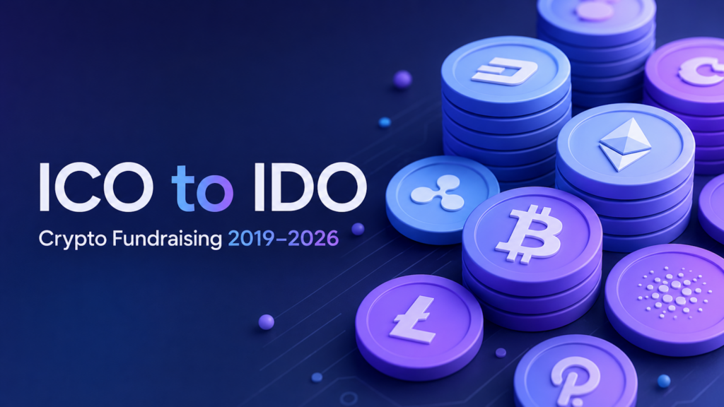 Stacks of 3D cryptocurrency coins — Bitcoin, Ethereum, Litecoin, Dash, Ripple, Cardano, and Polkadot — on a dark blue background, illustrating the evolution of crypto token fundraising from ICO to IDO between 2019 and 2026.