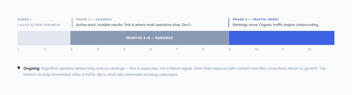 iGaming SEO campaign timeline: 2-month launch phase, 6-month Google
sandbox (months 3–8) with no visible traffic despite active work,
traffic onset from month 9 — algorithm updates are expected, not failure signals.