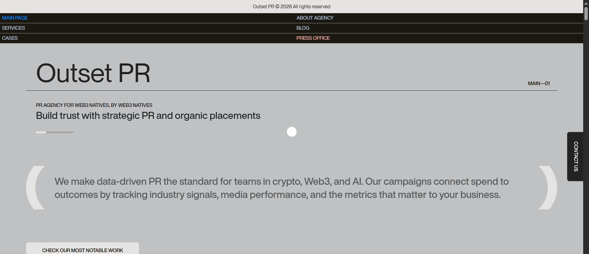 Outset PR homepage — data-driven Web3 PR agency for Web3 natives, making strategic PR and organic media placements the standard for crypto, blockchain, and AI projects.