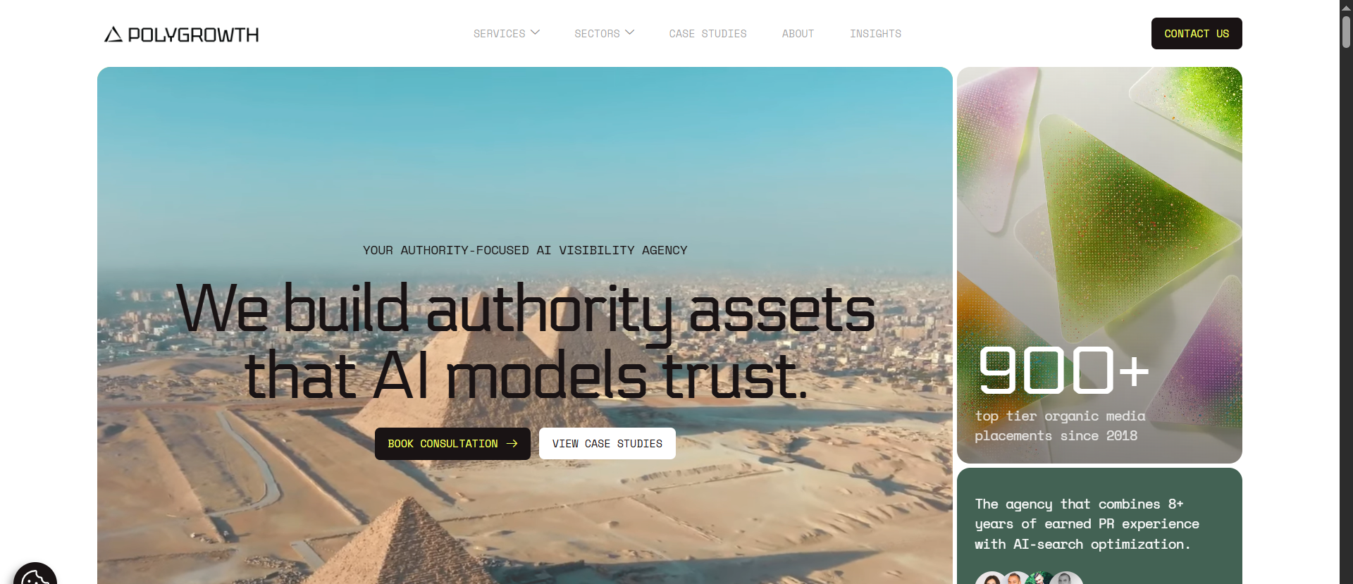 PolyGrowth authority-focused AI visibility agency homepage showing 900+ top-tier organic media placements since 2010, combining earned PR with AI search optimization for blockchain brands.