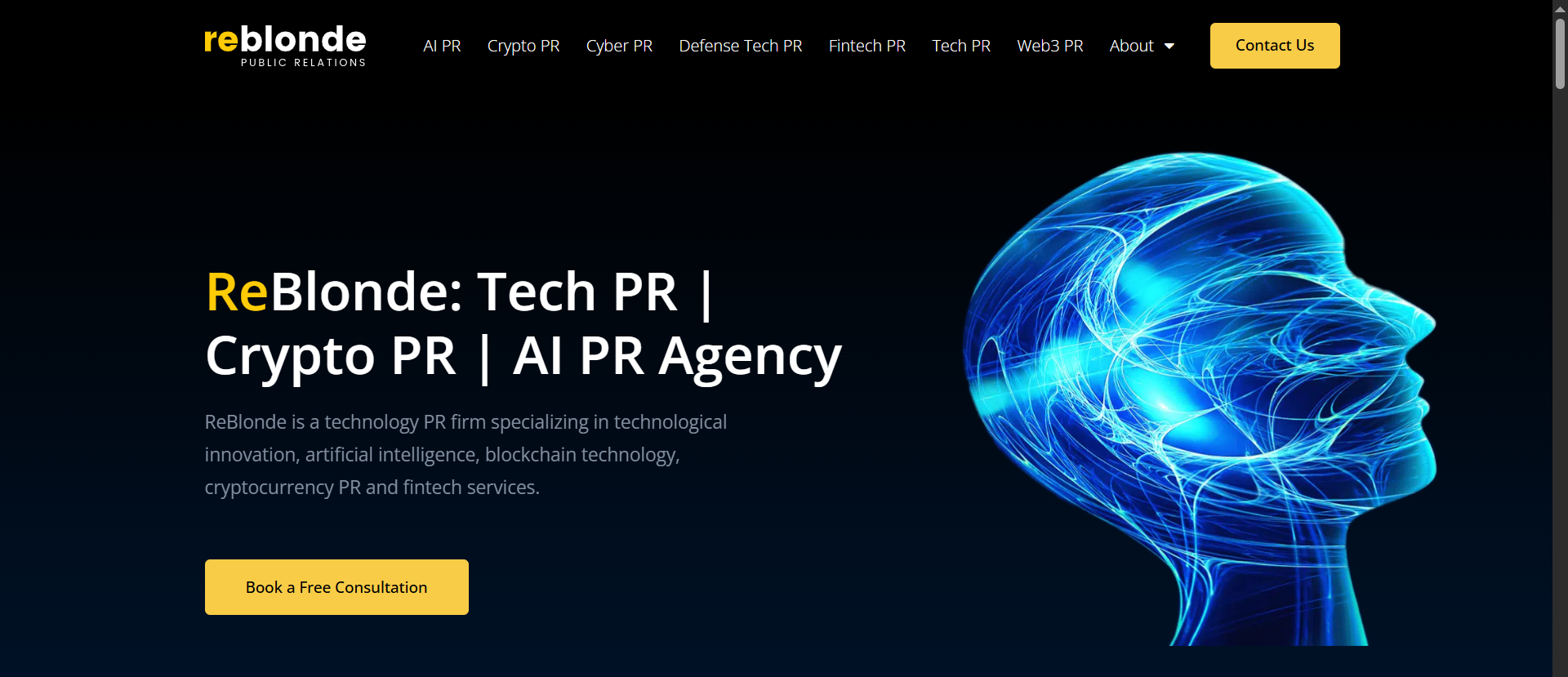 ReBlonde tech PR, crypto PR, and AI PR agency homepage featuring blockchain technology, cryptocurrency, fintech, and Web3 public relations services with AI brain visual.
