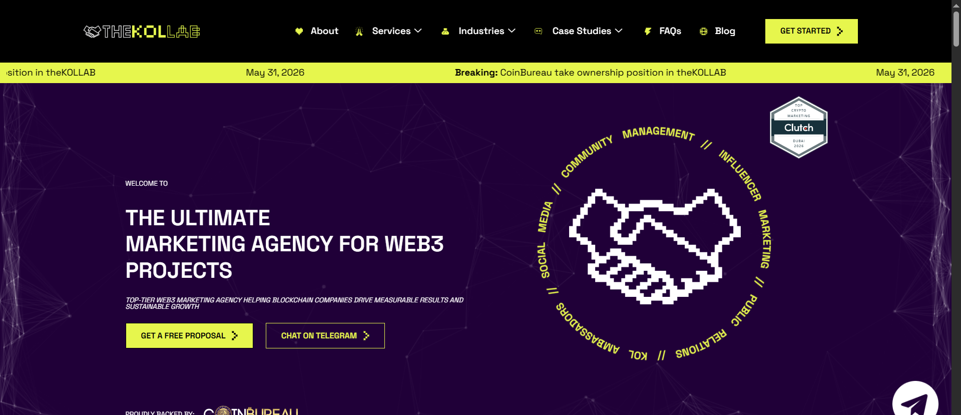 theKOLLAB Web3 marketing agency homepage backed by CoinBureau, showing KOL, PR, community and influencer services for blockchain projects.
