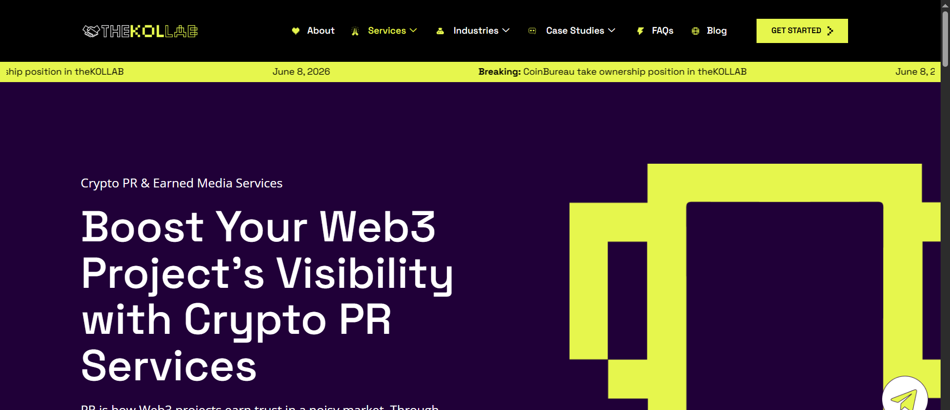 theKOLLAB crypto PR and earned media agency homepage with Coin Bureau ownership announcement ticker and Web3 project visibility services.
