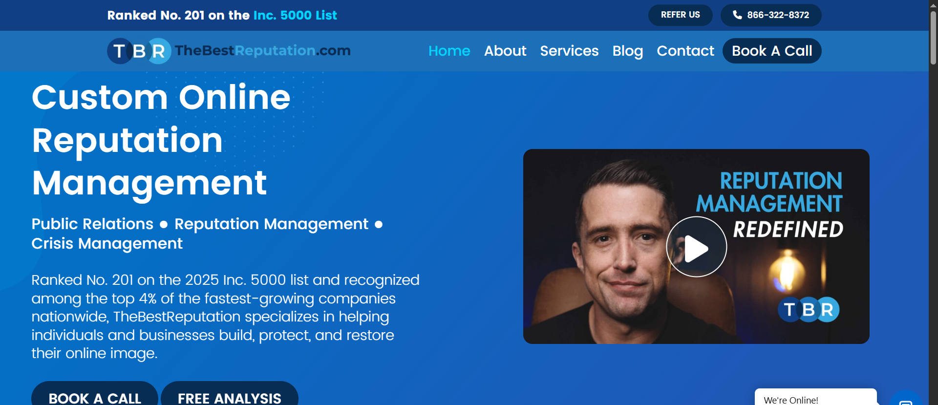 TheBestReputation.com homepage — Inc. 5000 No. 201 ranked ORM firm offering custom online reputation management, public relations, and crisis management for businesses and executives.
