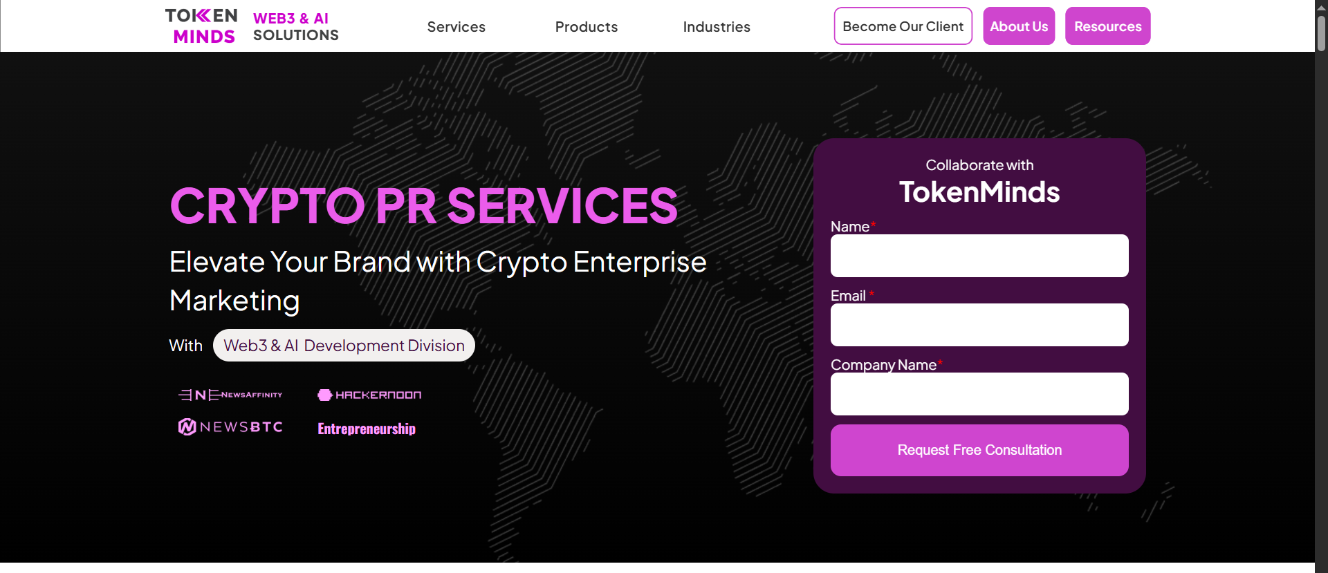 TokenMinds crypto PR services page with Web3 and AI solutions positioning, media partner logos including NewsBTC, and a blockchain marketing consultation form.