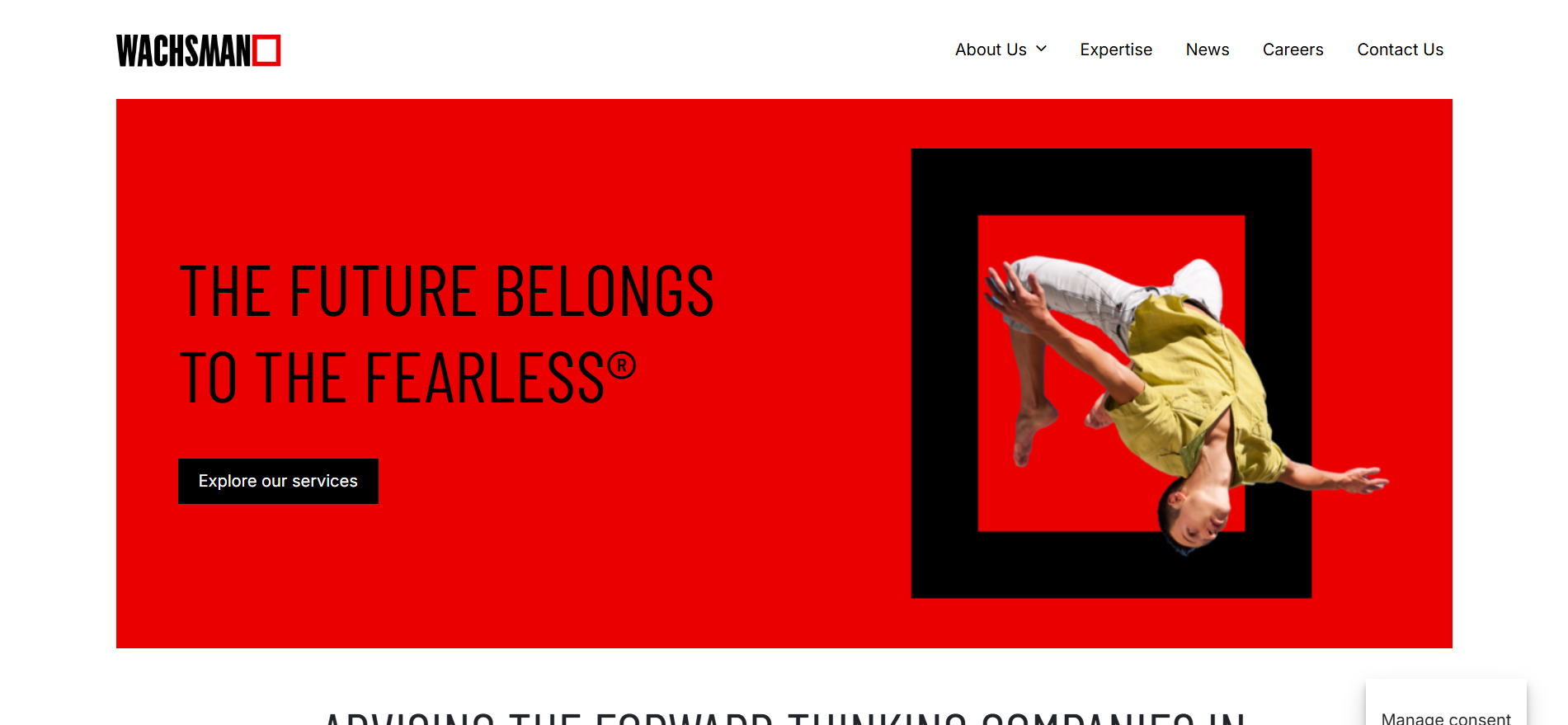 Wachsman global blockchain PR agency homepage with bold red design, tagline "The Future Belongs to the Fearless," and "Advising the Forward-Thinking Companies In" headline visible below the hero.